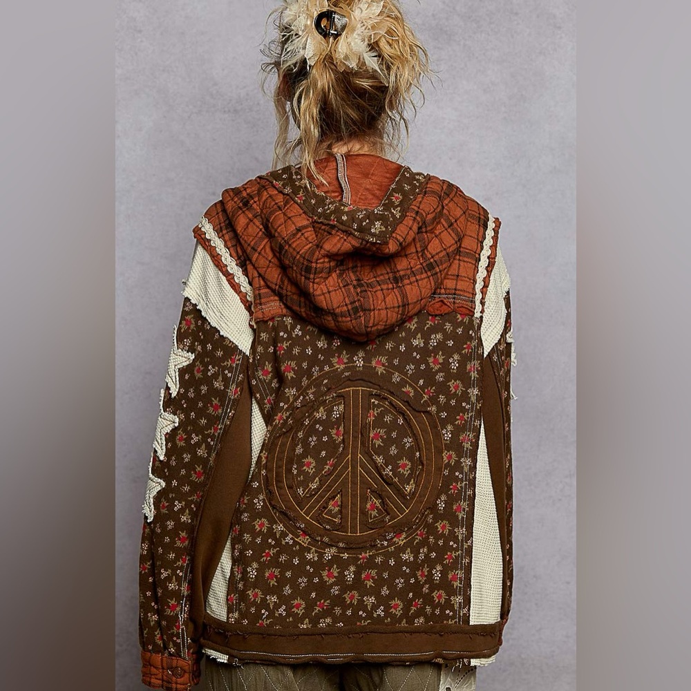 🌺LAST ONE🌺 POL Brown Star & Peace Patch Floral mix Hoodie Jacket Relaxed Fit - Picture 5 of 9